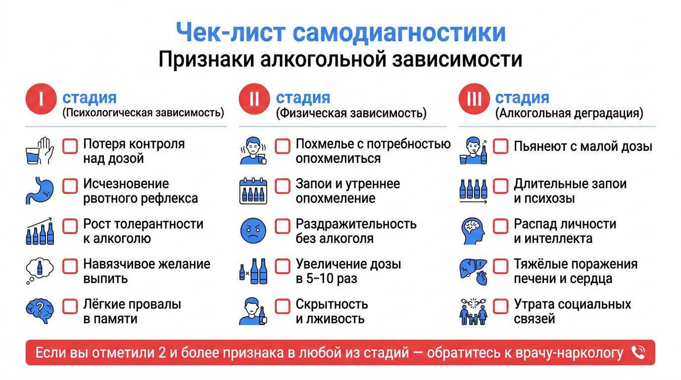 Чек-лист самодиагностики алкоголизма: таблица признаков зависимости по трём стадиям с возможностью отметить симптомы